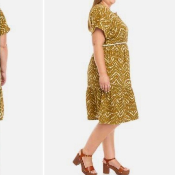 Wonderly Button Front Waist Tie Plus Size Short Sleeve Gauze Midi Dress - Picture 2 of 12